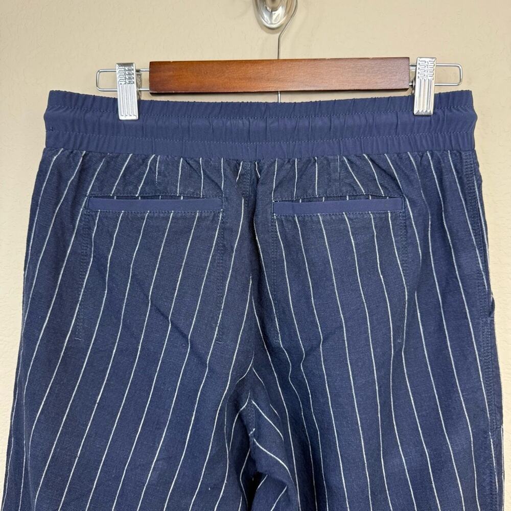 ATHLETA 100% Linen Bali Navy Blue Stripe Wide Leg Drawstring Crop Pants Sz 4 - Picture 5 of 14